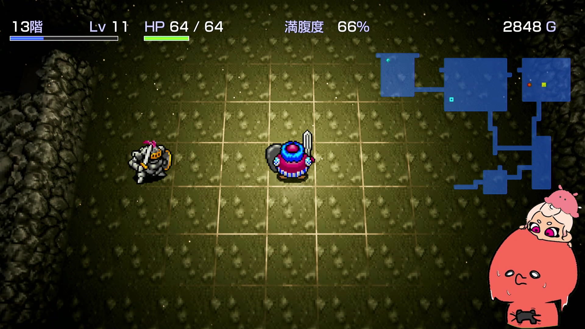 最後の挑戦で地下13階に到達し、レベル11・HP64のトルネコが敵と向き合う配信画面