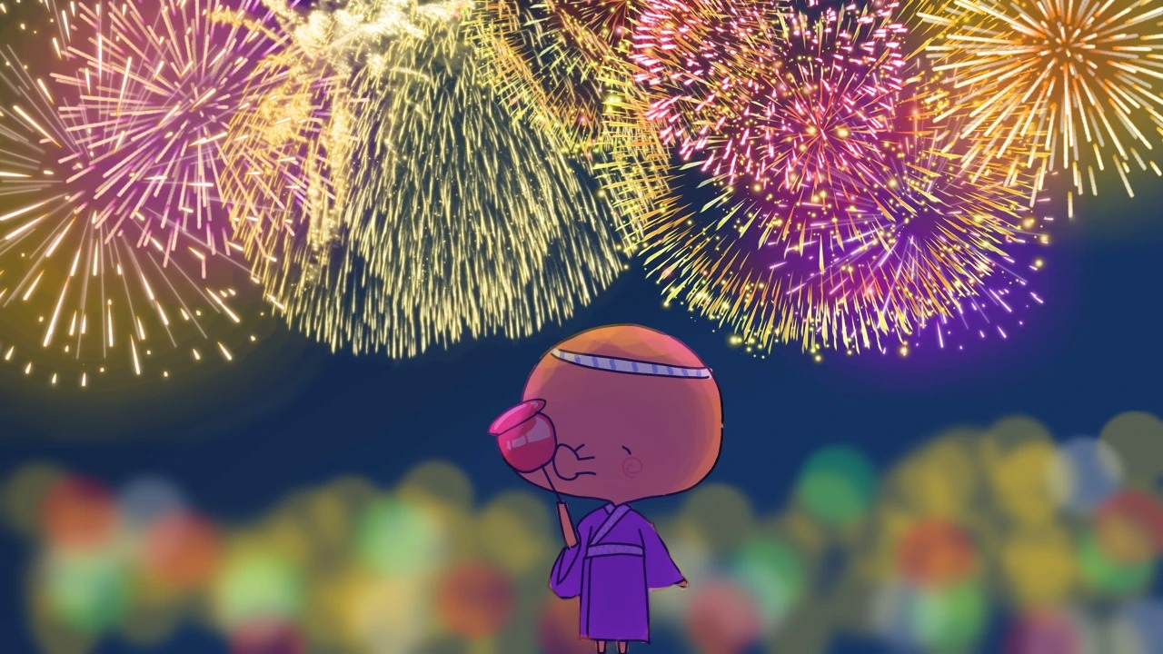 花火大会を楽しむおじタコのイラスト
